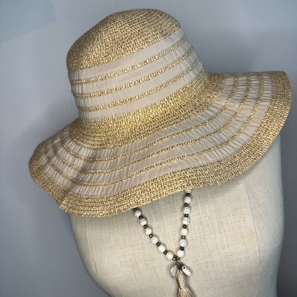 Accessories - Floppy Brim Two Tone Straw Summer Hat Tan with Metallic Gold Accents